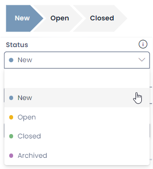 A screenshot of the incident pipeline and its attached status field. At the top is the incident pipeline which is currently set to &quot;New&quot;. This is indicated by the arrow that reads &quot;New&quot;, which is coloured with blue, and the other stages of the pipeline being coloured with grey. Below the pipeline component is a &quot;Status&quot; choice field. The &quot;Status&quot; field currently has the word &quot;New&quot; inside it. The drop-down menu from the status choice field is visible, and the user&#39;s cursor is hovering over the &quot;New&quot; choice. Other choices that are visible include: &quot;Open&quot;, &quot;Closed&quot; and &quot;Archived&quot;.